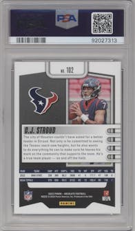C.J. Stroud from the 2023 Panini Absolute set featuring a Red White and Blue Kaleidoscope parallel graded by PSA and given an overall grade of 10.