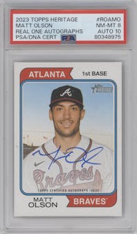 Matt Olson from the 2023 Topps Heritage set graded by PSA and given an overall grade of 8.