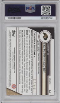 Shedeur Sanders from the 2023 Bowman Chrome University set featuring a Refractor parallel graded by PSA and given an overall grade of 8.