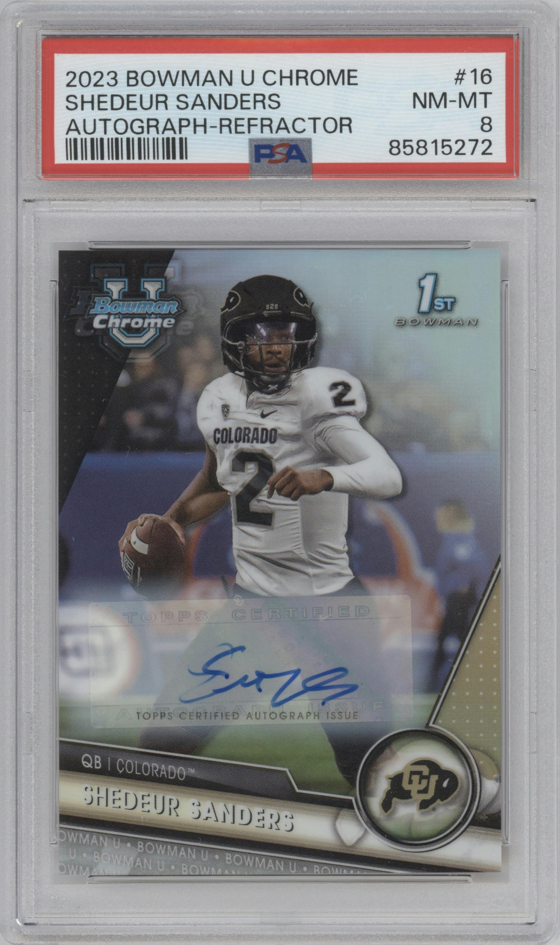 Shedeur Sanders from the 2023 Bowman Chrome University set featuring a Refractor parallel graded by PSA and given an overall grade of 8.