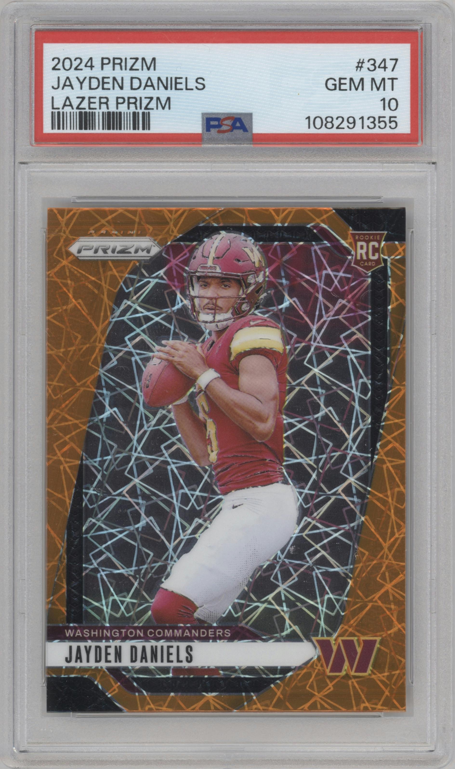 Jayden Daniels from the 2024 Panini Prizm set featuring a Lazer Prizm parallel graded by PSA and given an overall grade of 10.