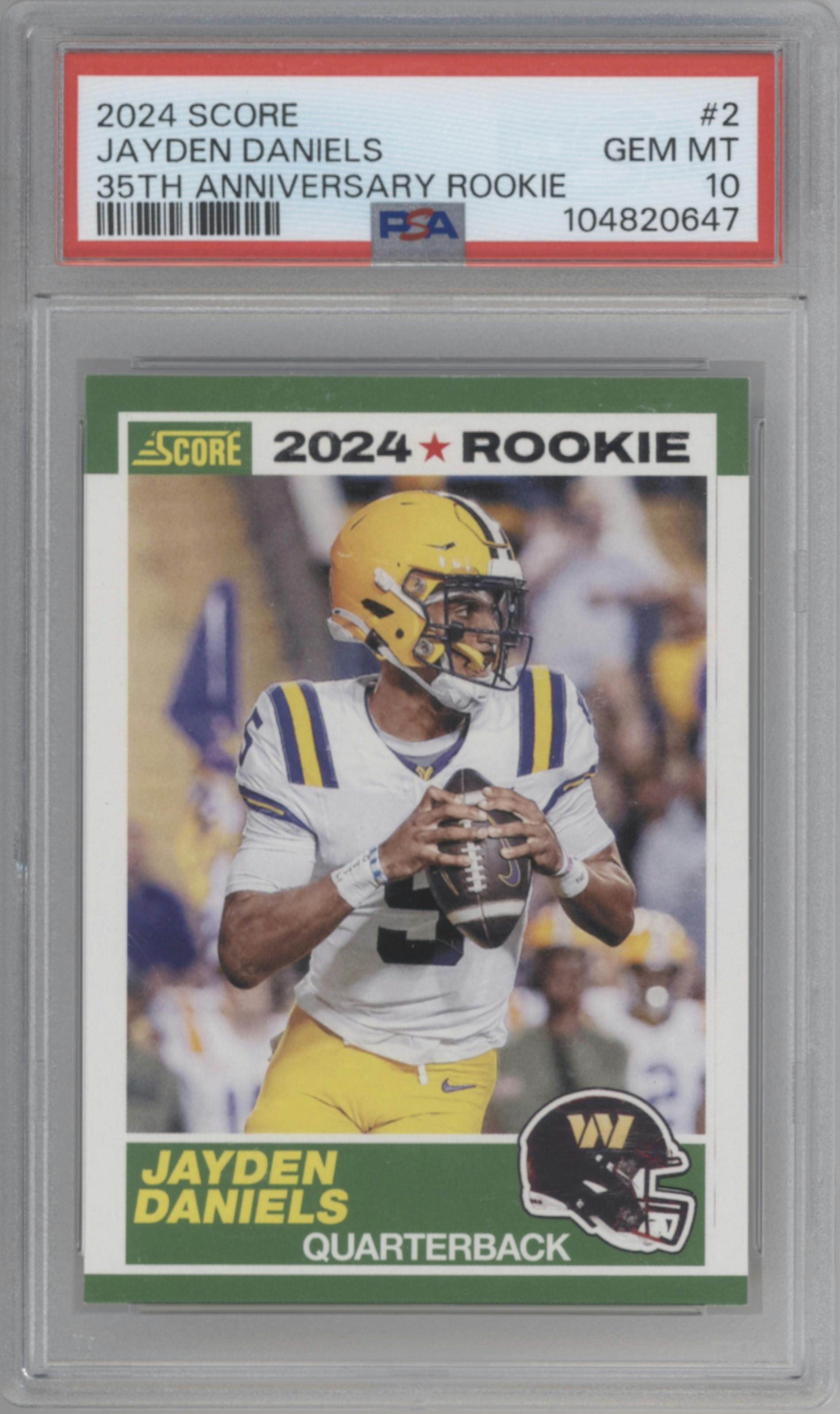 Jayden Daniels  from the 2024 Panini Score set graded by PSA and given an overall grade of 10.
