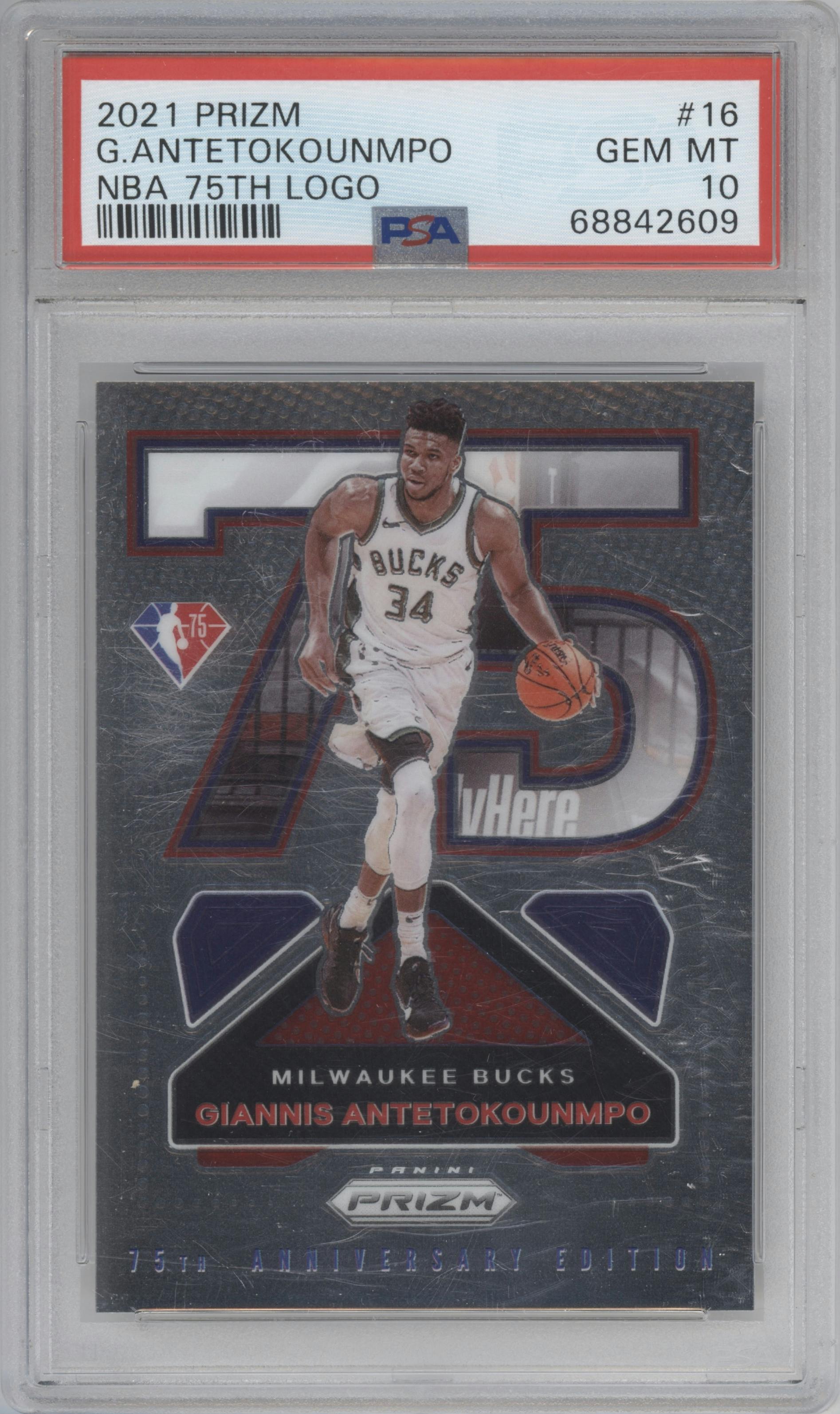 Giannis Antetokounmpo from the 2021-22 Panini Prizm  set graded by PSA and given an overall grade of 10.