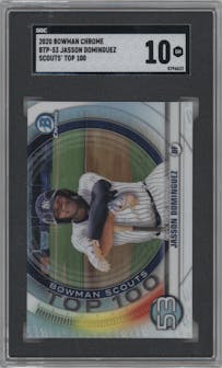 Jasson Dominguez from the 2020 Bowman set graded by SGC and given an overall grade of 10.