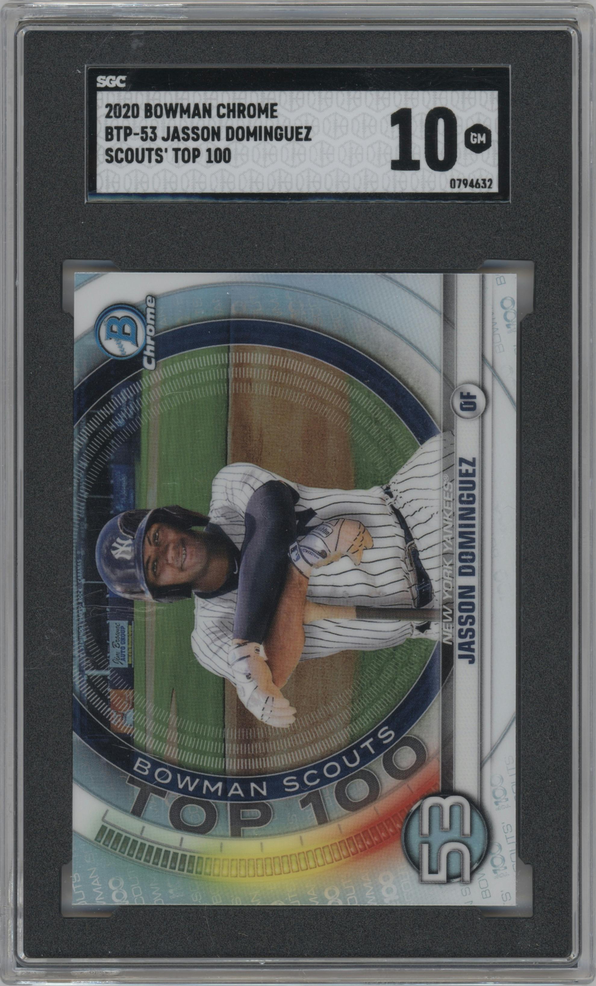 Jasson Dominguez from the 2020 Bowman set graded by SGC and given an overall grade of 10.