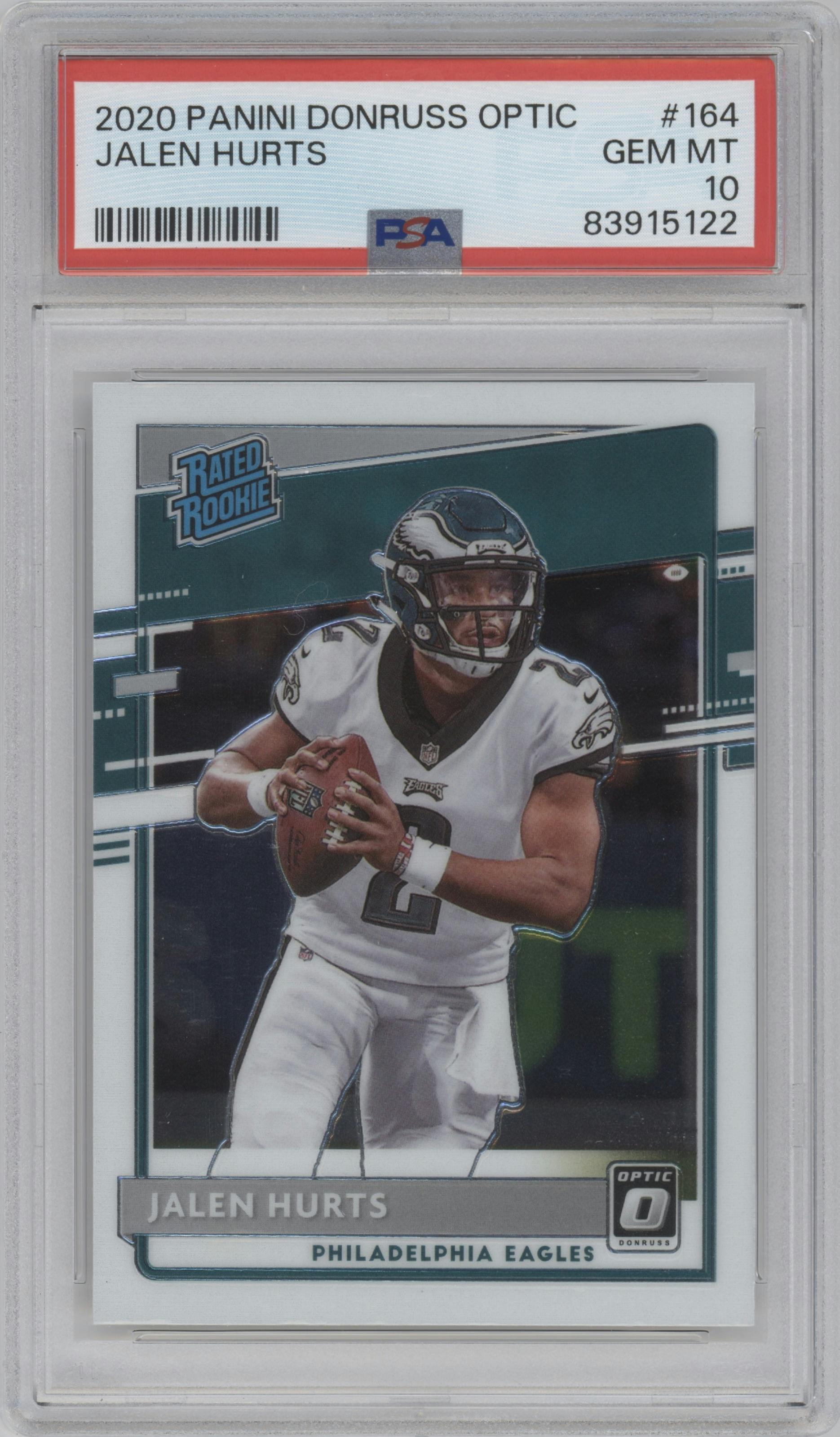 Jalen Hurts from the 2020 Panini Donruss Optic set graded by PSA and given an overall grade of 10.