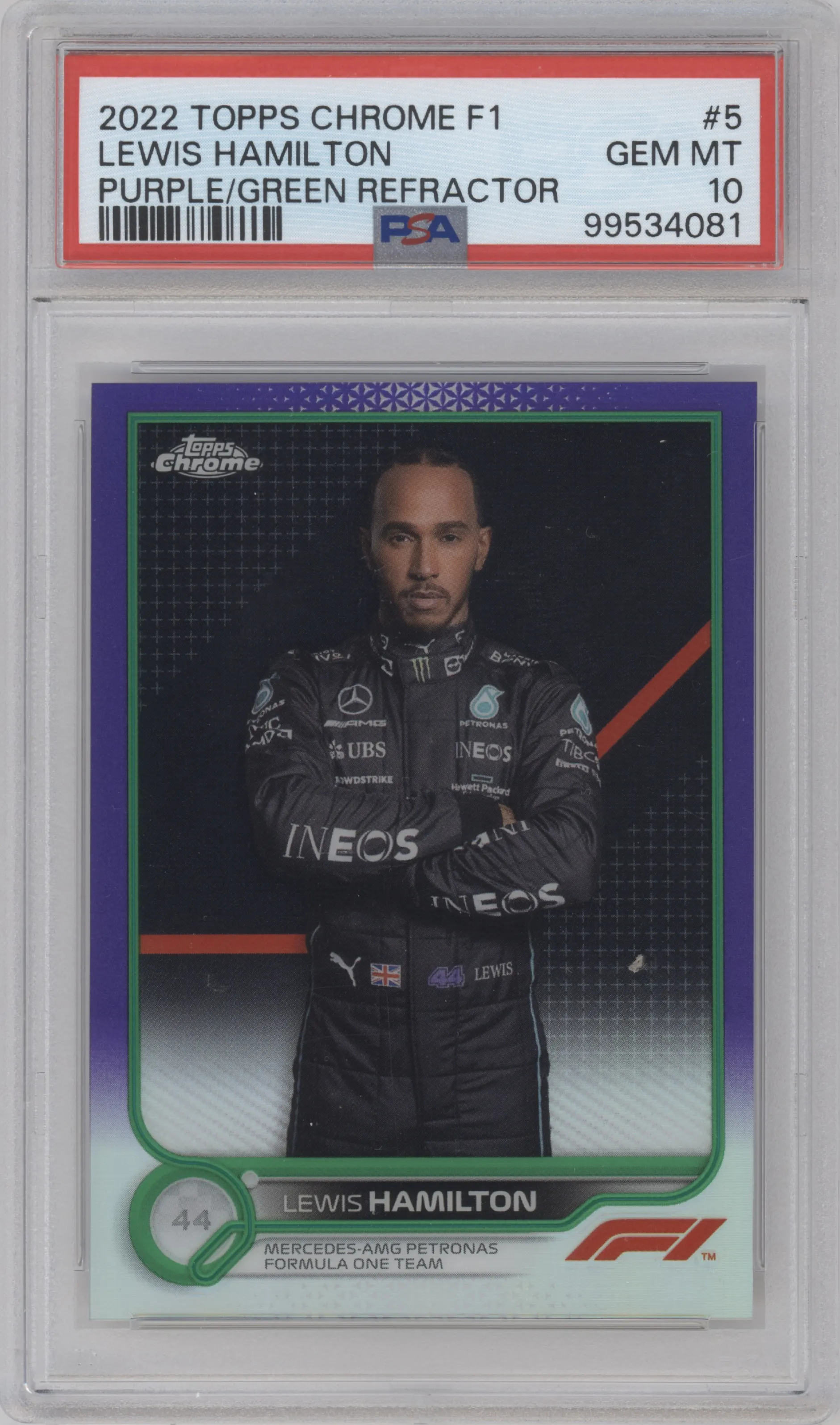 2022 Topps Chrome F1 Lewis Hamilton Purple/Green Refractor #5 PSA 10