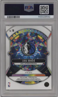Luka Doncic from the 2024-25 Panini Prizm set featuring a Gold Prizm parallel graded by PSA and given an overall grade of 10.