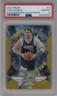 Luka Doncic from the 2024-25 Panini Prizm set featuring a Gold Prizm parallel graded by PSA and given an overall grade of 10.