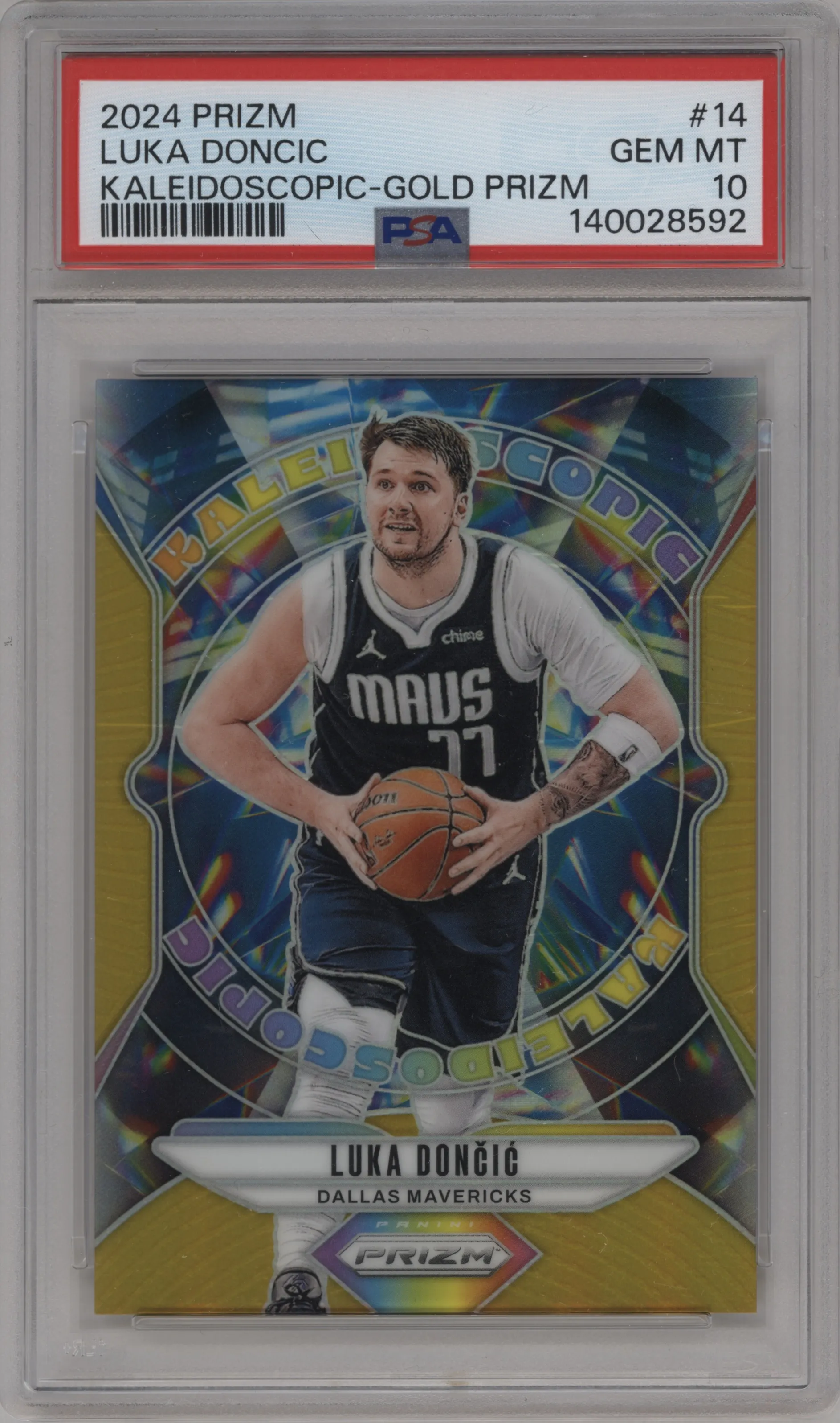 Luka Doncic from the 2024-25 Panini Prizm set featuring a Gold Prizm parallel graded by PSA and given an overall grade of 10.