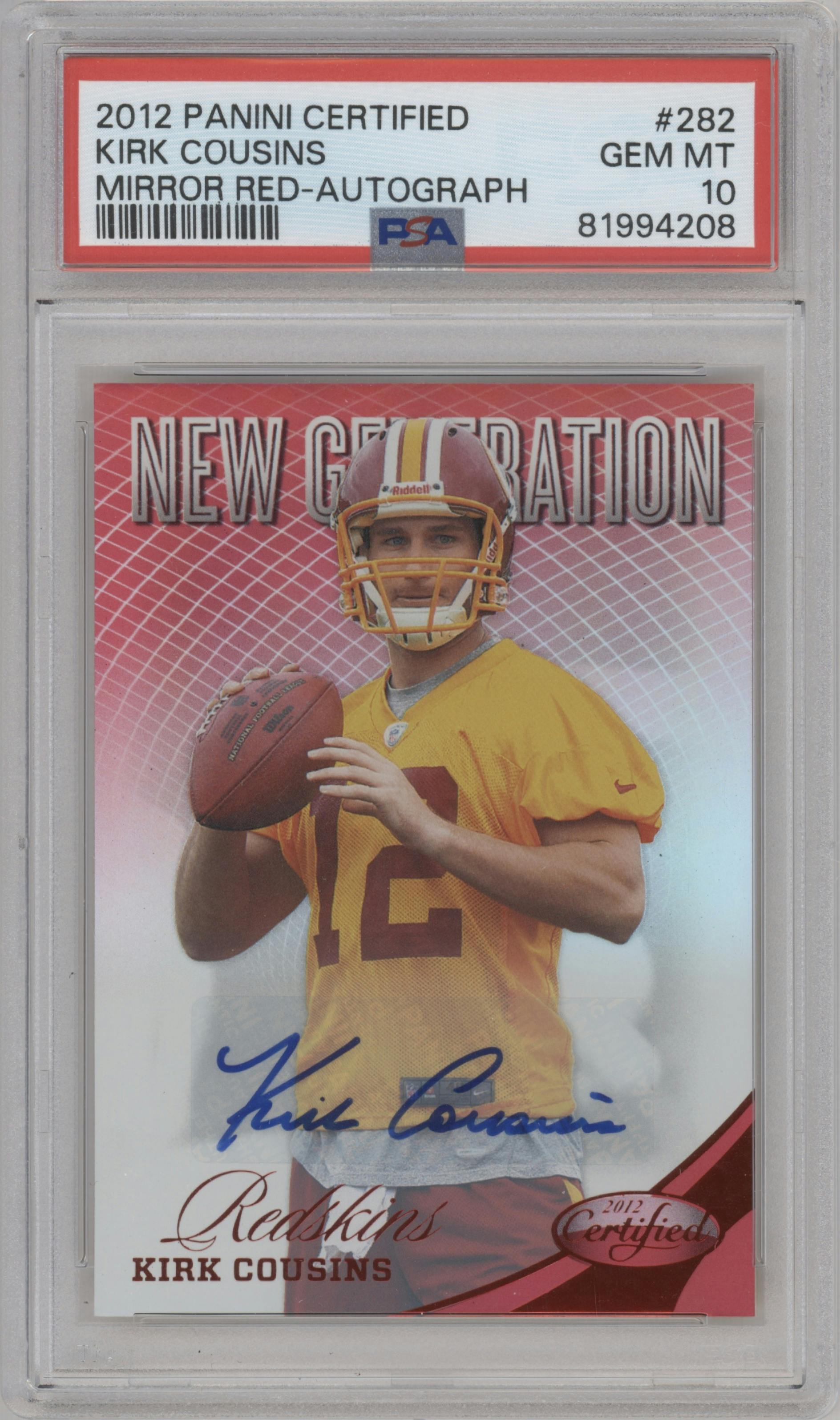 Kirk Cousins from the 2012 Panini Certified set featuring a Mirror Red parallel graded by PSA and given an overall grade of 10.