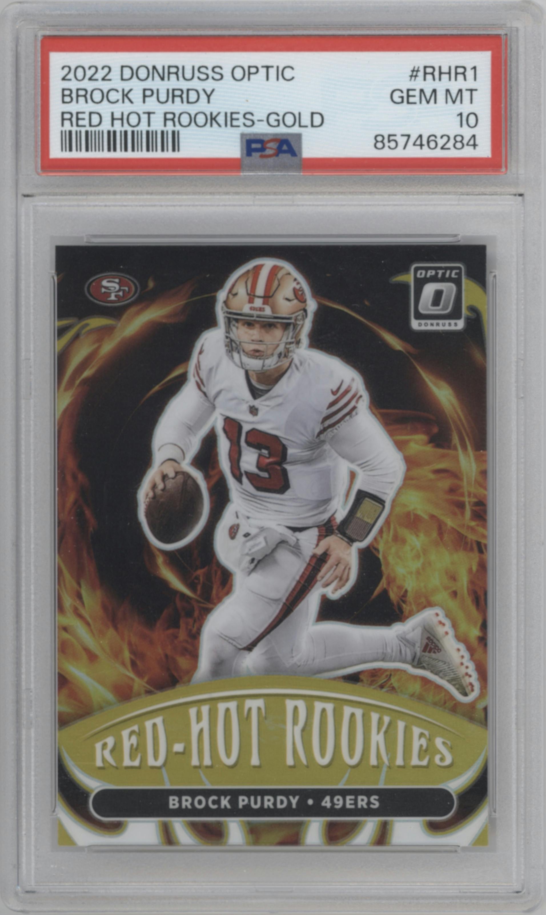 Brock Purdy from the 2022 Panini Donruss Optic set featuring a Gold parallel graded by PSA and given an overall grade of 10.
