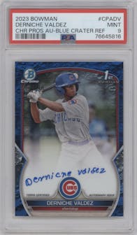 Derniche Valdez from the 2023 Bowman  set featuring a Blue Lunar Crater Refractor parallel graded by PSA and given an overall grade of 9.