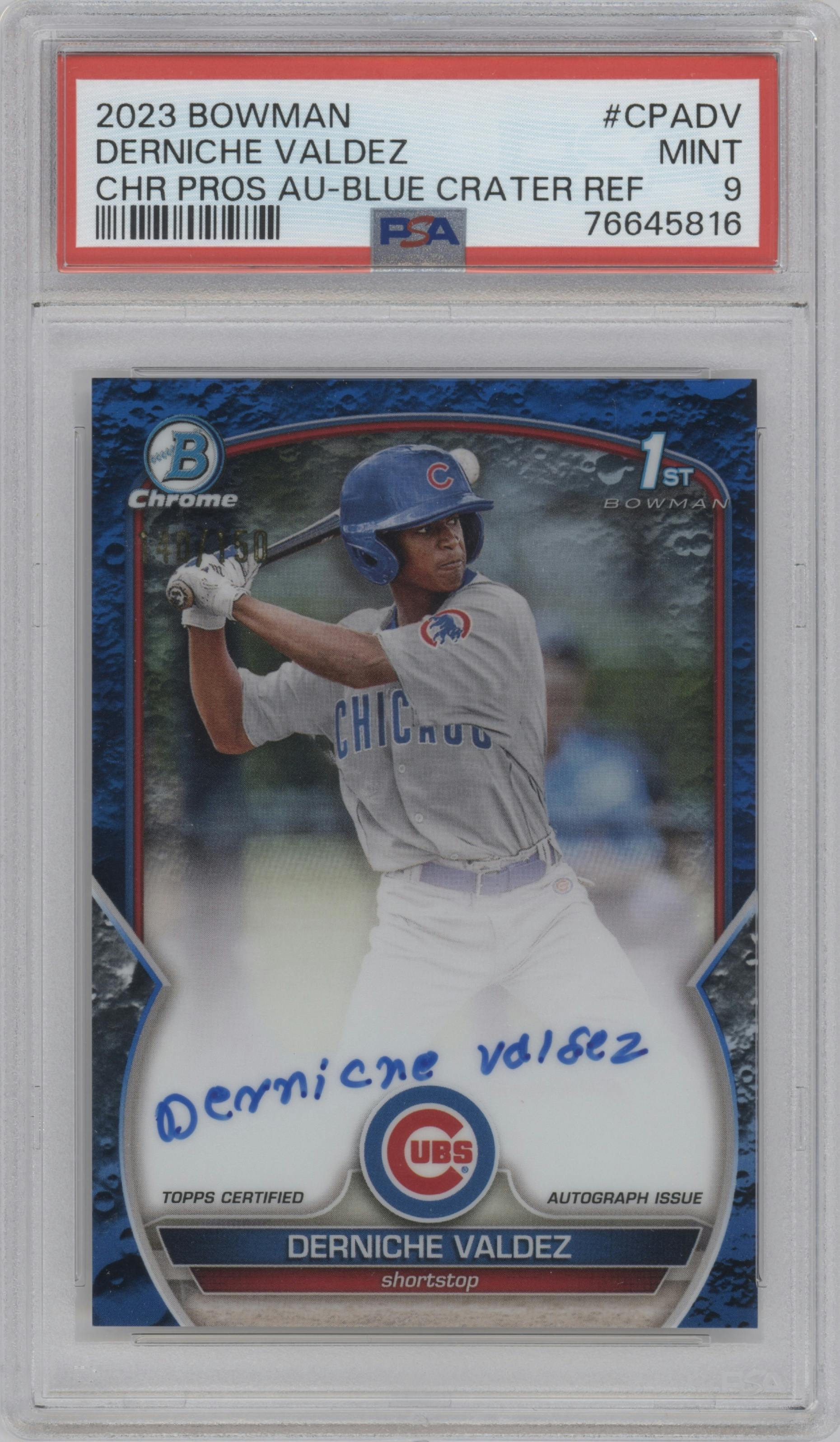 Derniche Valdez from the 2023 Bowman  set featuring a Blue Lunar Crater Refractor parallel graded by PSA and given an overall grade of 9.