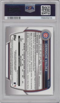 Derniche Valdez from the 2023 Bowman  set featuring a Blue Lunar Crater Refractor parallel graded by PSA and given an overall grade of 9.