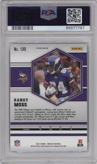 Randy Moss from the 2021 Panini Mosaic set featuring a Genesis parallel graded by PSA and given an overall grade of 10.