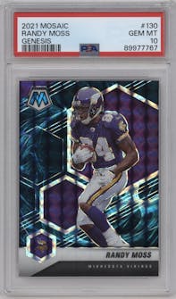Randy Moss from the 2021 Panini Mosaic set featuring a Genesis parallel graded by PSA and given an overall grade of 10.