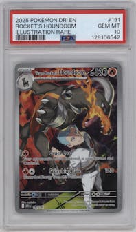 Team Rocket's Houndoom from the 2025 Pokemon SV set graded by PSA and given an overall grade of 10.