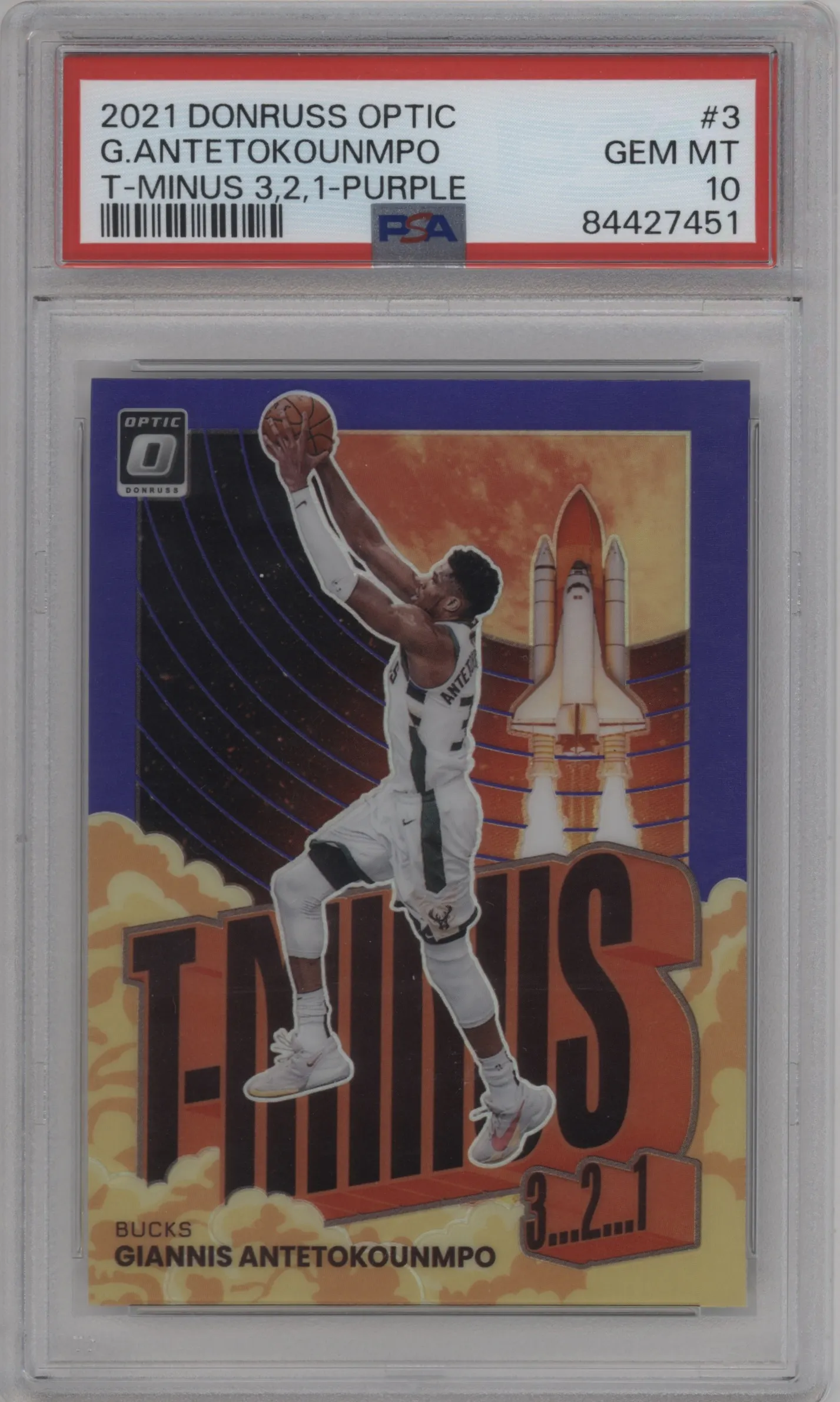 2021 Panini Donruss Optic T-Minus 3...2...1 Giannis Antetokounmpo Purple PSA 10