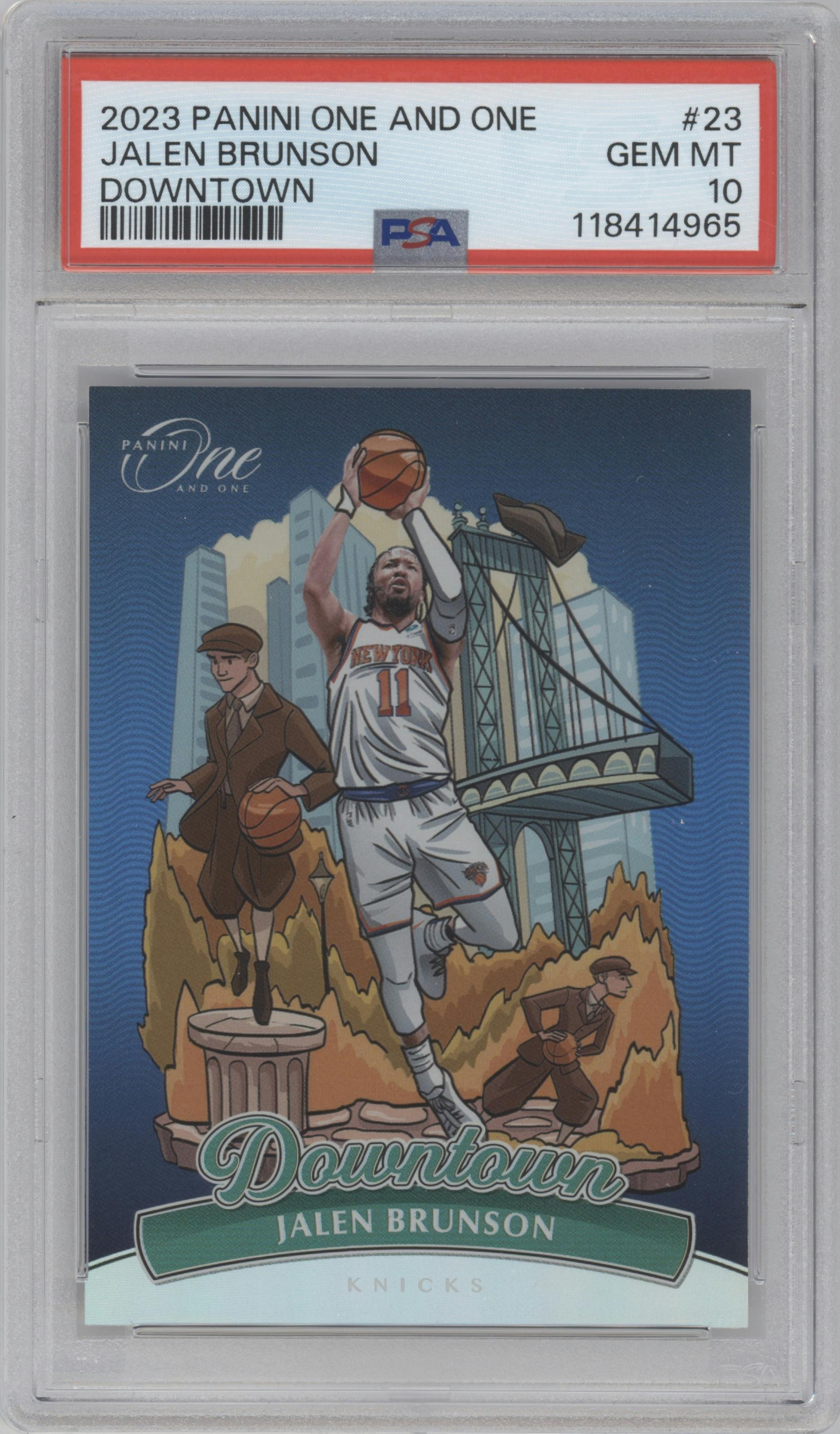 Jalen Brunson from the 2023-24 Panini One and One set graded by PSA and given an overall grade of 10.