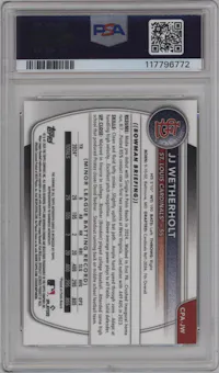 JJ Wetherholt from the 2025 Bowman set featuring a Gold Refractor parallel graded by PSA and given an overall grade of 10.