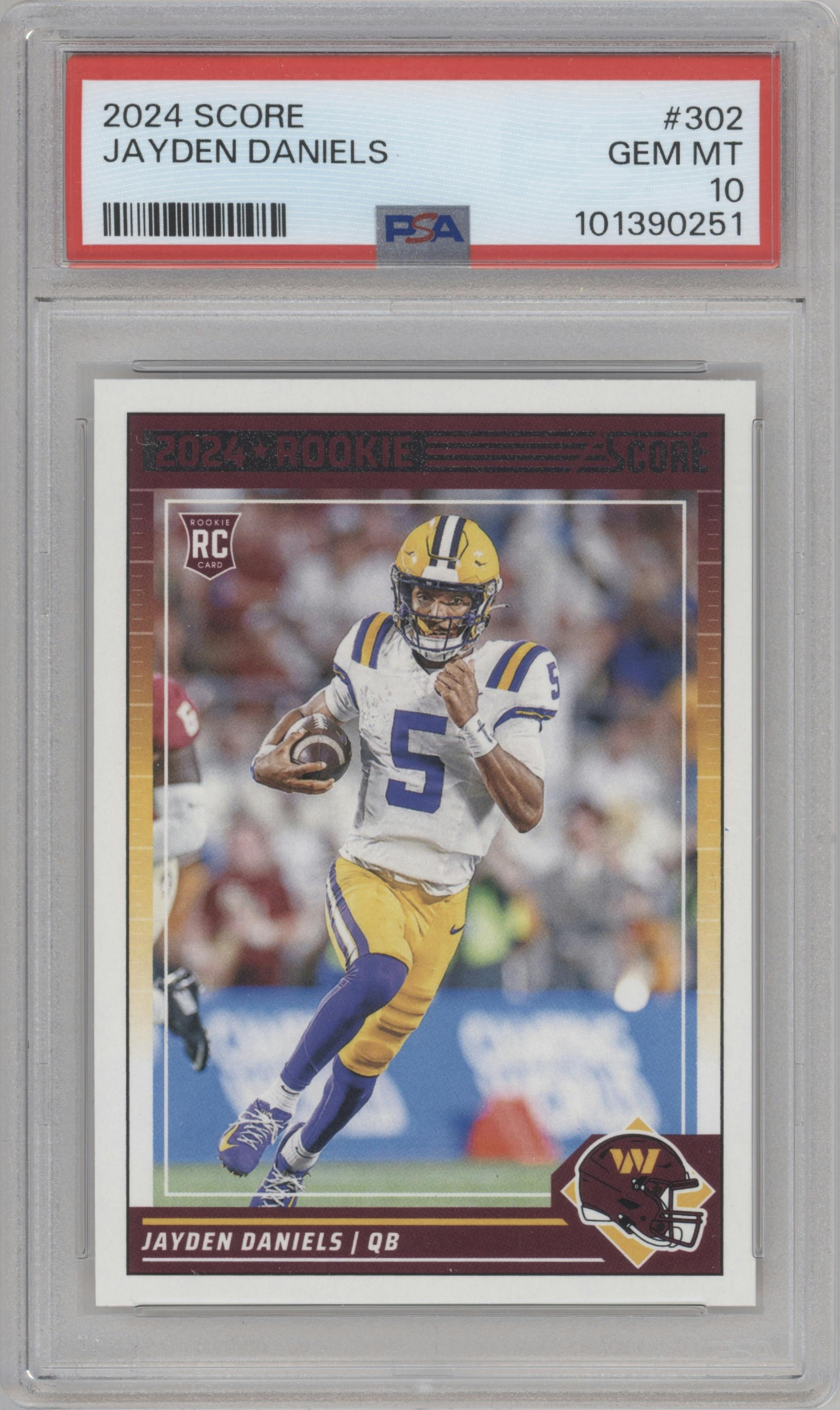 Jayden Daniels from the 2024 Panini Score set graded by PSA and given an overall grade of 10.