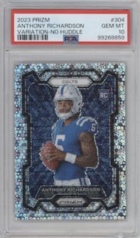 Anthony Richardson from the 2023 Panini Prizm set featuring a No Huddle parallel graded by PSA and given an overall grade of 10.