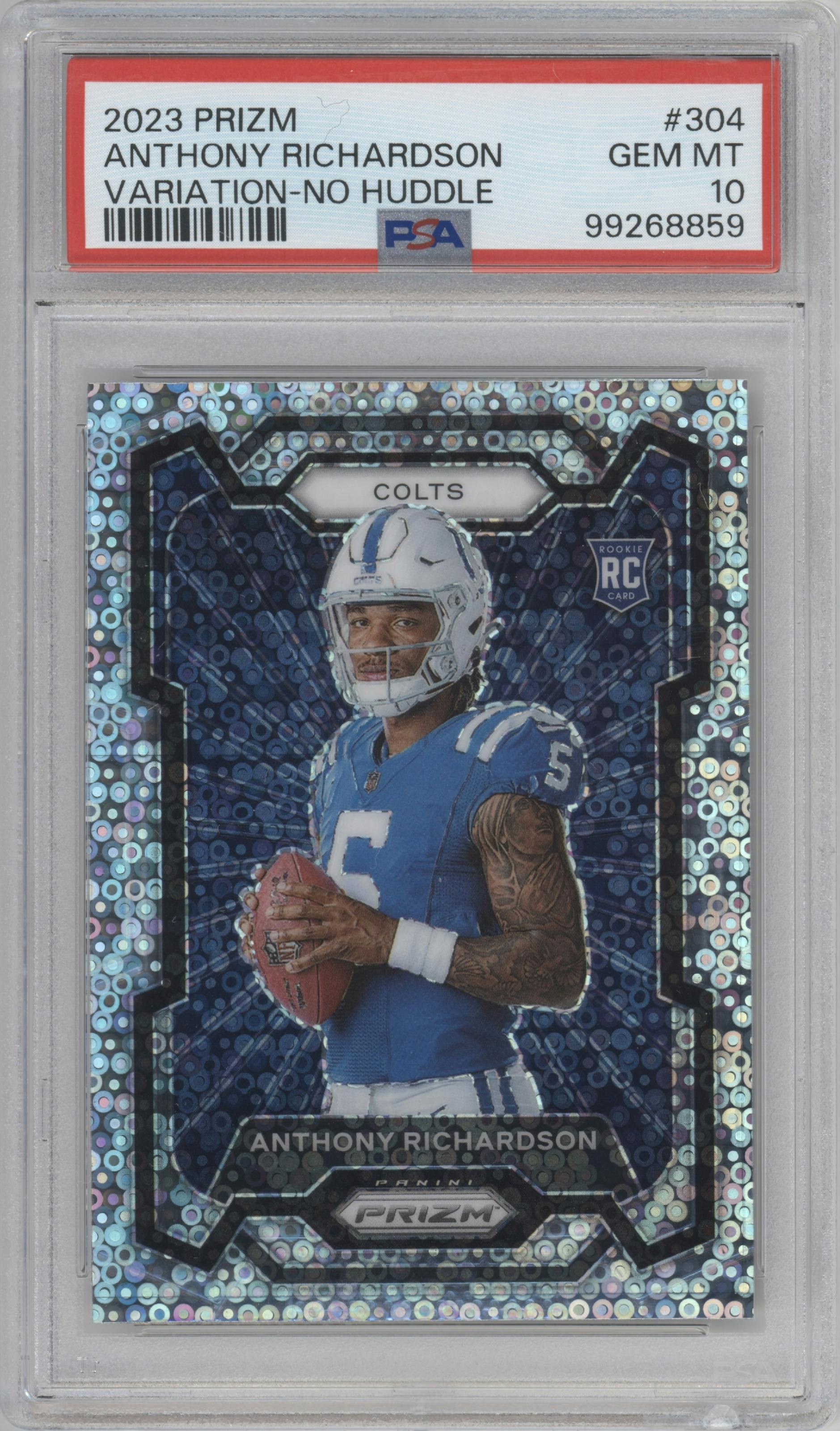 Anthony Richardson from the 2023 Panini Prizm set featuring a No Huddle parallel graded by PSA and given an overall grade of 10.