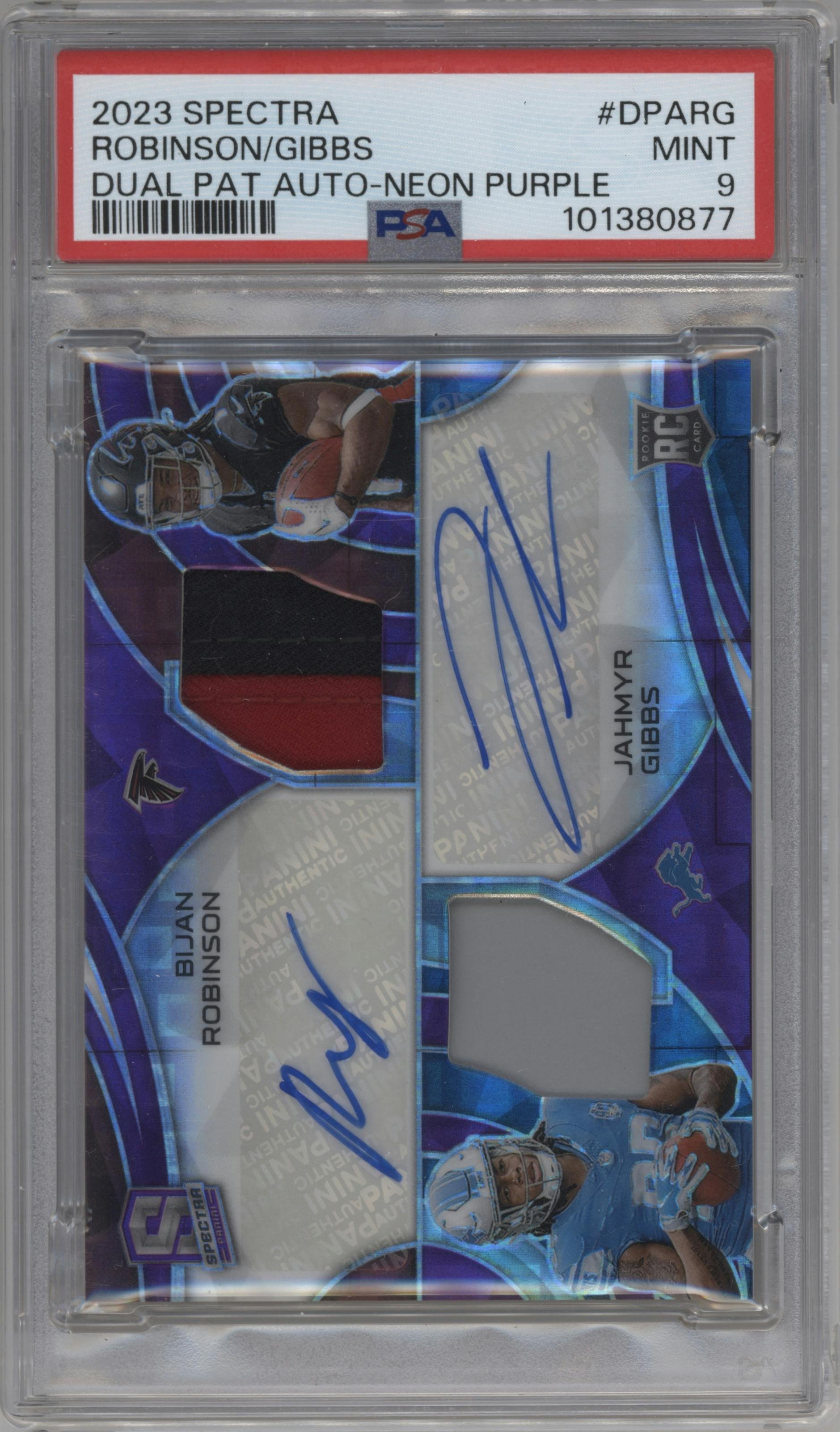 Bijan Robinson/Jahmyr Gibbs from the 2023 Panini Spectra set featuring a Neon Purple parallel graded by PSA and given an overall grade of 9.