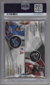 Bijan Robinson/Jahmyr Gibbs from the 2023 Panini Spectra set featuring a Neon Purple parallel graded by PSA and given an overall grade of 9.