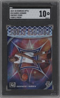 Kawhi Leonard from the 2019-20 Panini Donruss Optic set featuring a Purple parallel graded by SGC and given an overall grade of 10.