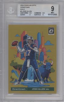 Josh Allen from the 2024 Donruss Optic set featuring a Gold parallel graded by Beckett and given an overall grade of 9.