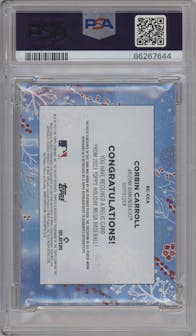 Corbin Carroll from the 2023 Topps Holiday set graded by PSA and given an overall grade of 9.