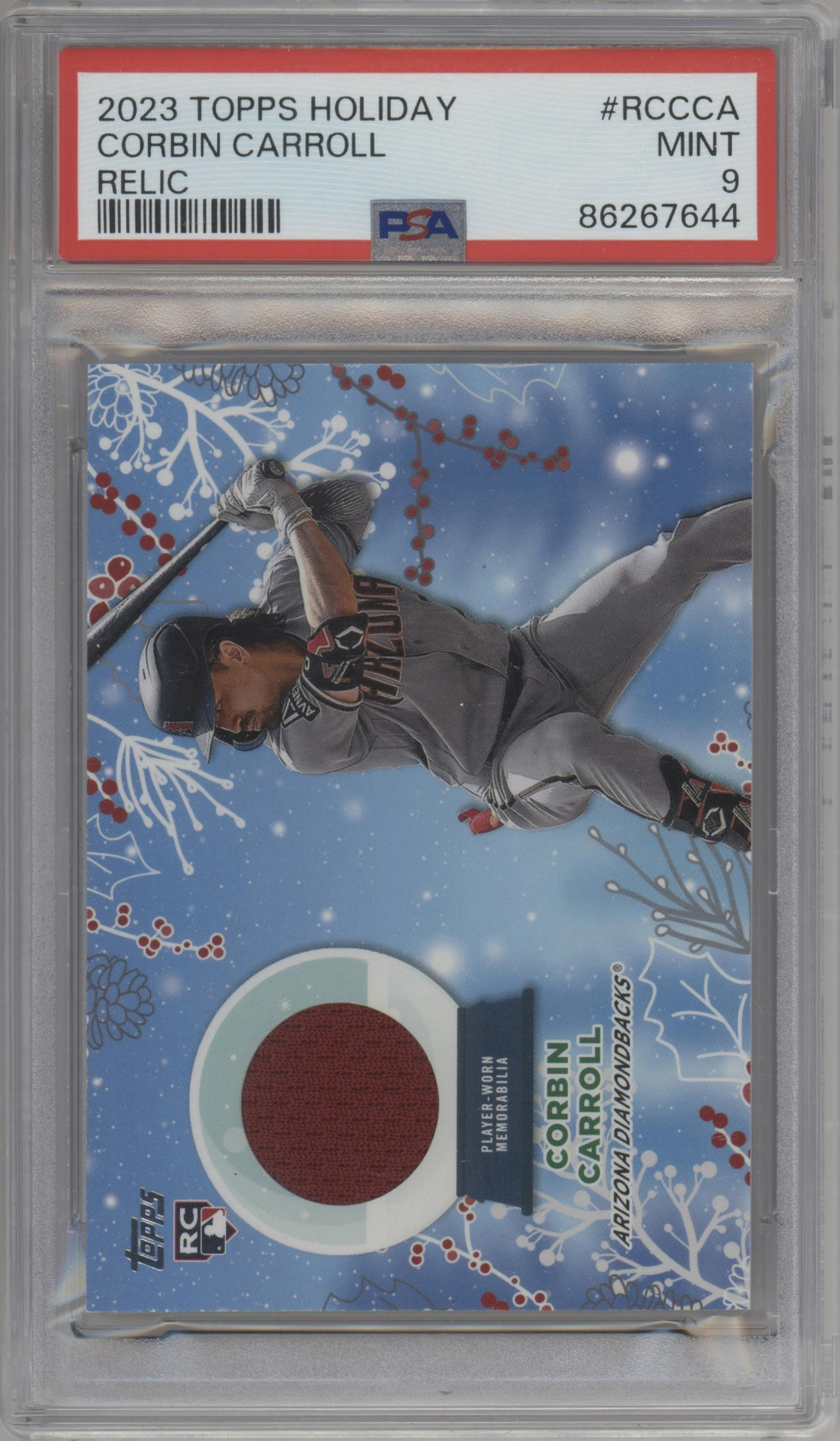 Corbin Carroll from the 2023 Topps Holiday set graded by PSA and given an overall grade of 9.