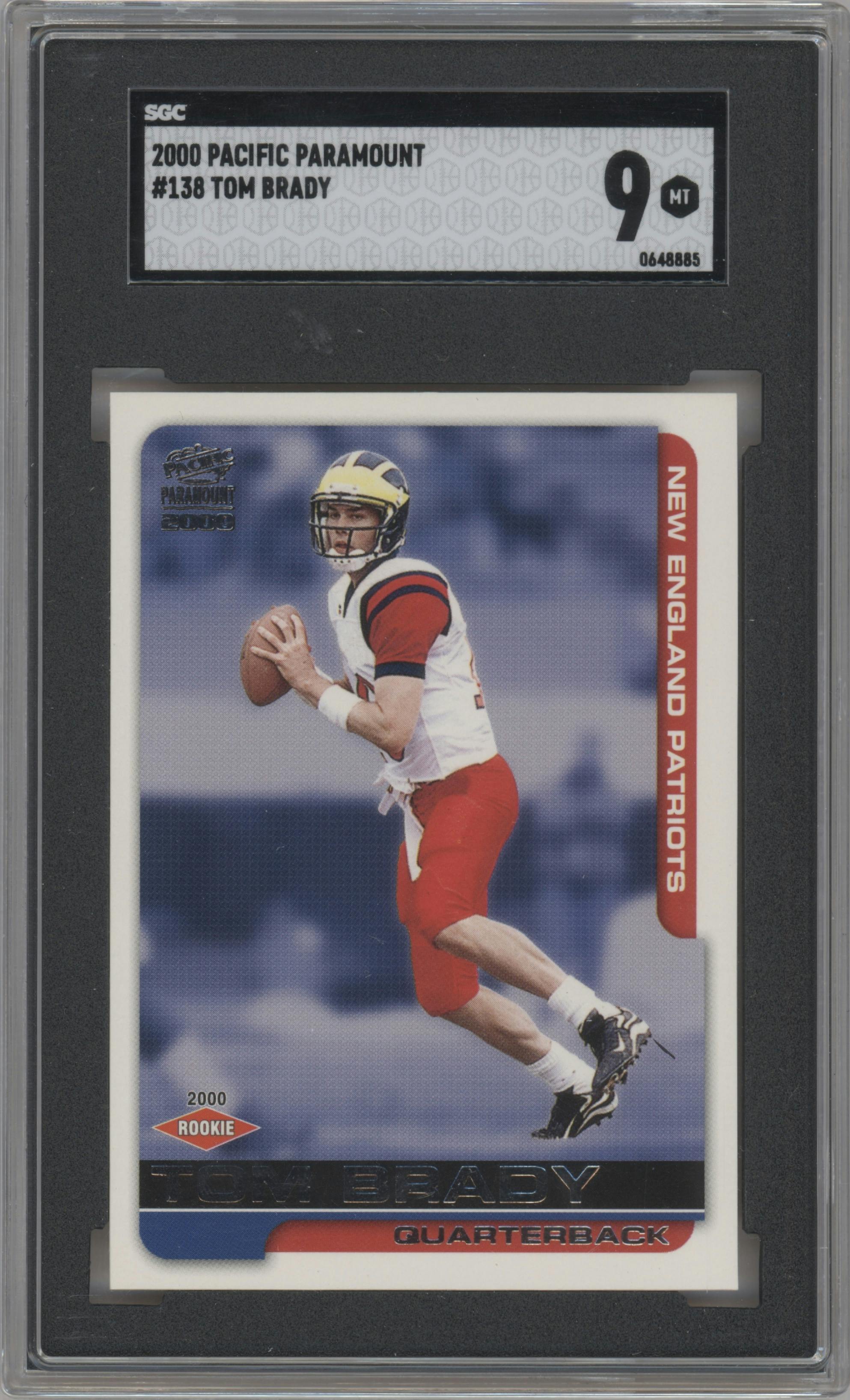 Tom Brady from the 2000 Pacific Paramount set graded by SGC and given an overall grade of 9.