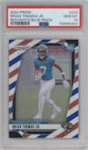 Brian Thomas Jr. from the 2024 Panini Prizm set featuring a Red White Blue Prizm parallel graded by PSA and given an overall grade of 10.