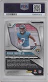 Brian Thomas Jr. from the 2024 Panini Prizm set featuring a Red White Blue Prizm parallel graded by PSA and given an overall grade of 10.