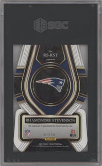 Rhamondre Stevenson from the 2021 Panini Select set featuring a Die-Cut Gold parallel graded by SGC and given an overall grade of 10.