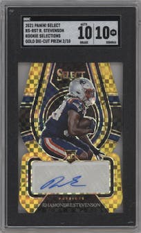 Rhamondre Stevenson from the 2021 Panini Select set featuring a Die-Cut Gold parallel graded by SGC and given an overall grade of 10.