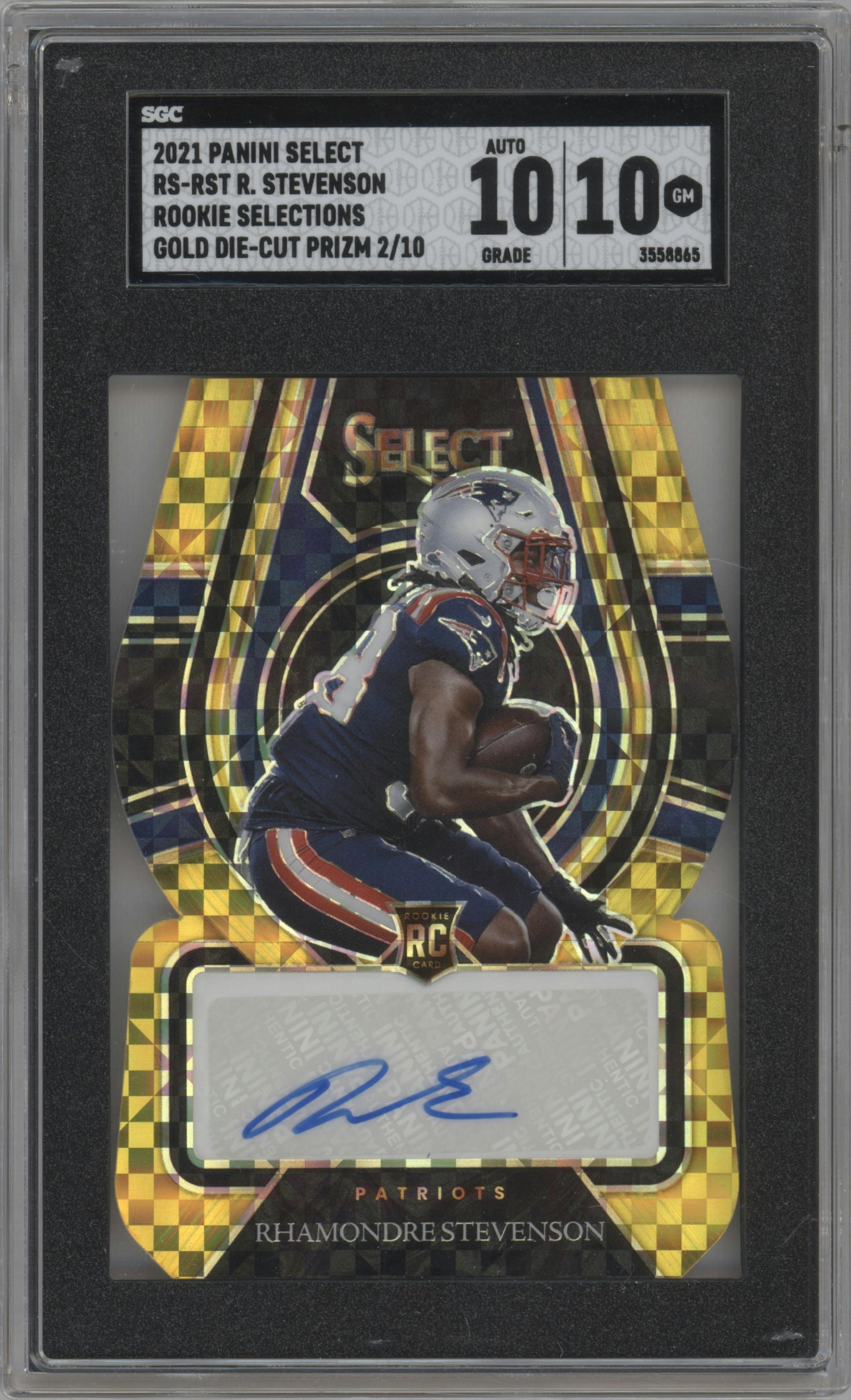 Rhamondre Stevenson from the 2021 Panini Select set featuring a Die-Cut Gold parallel graded by SGC and given an overall grade of 10.