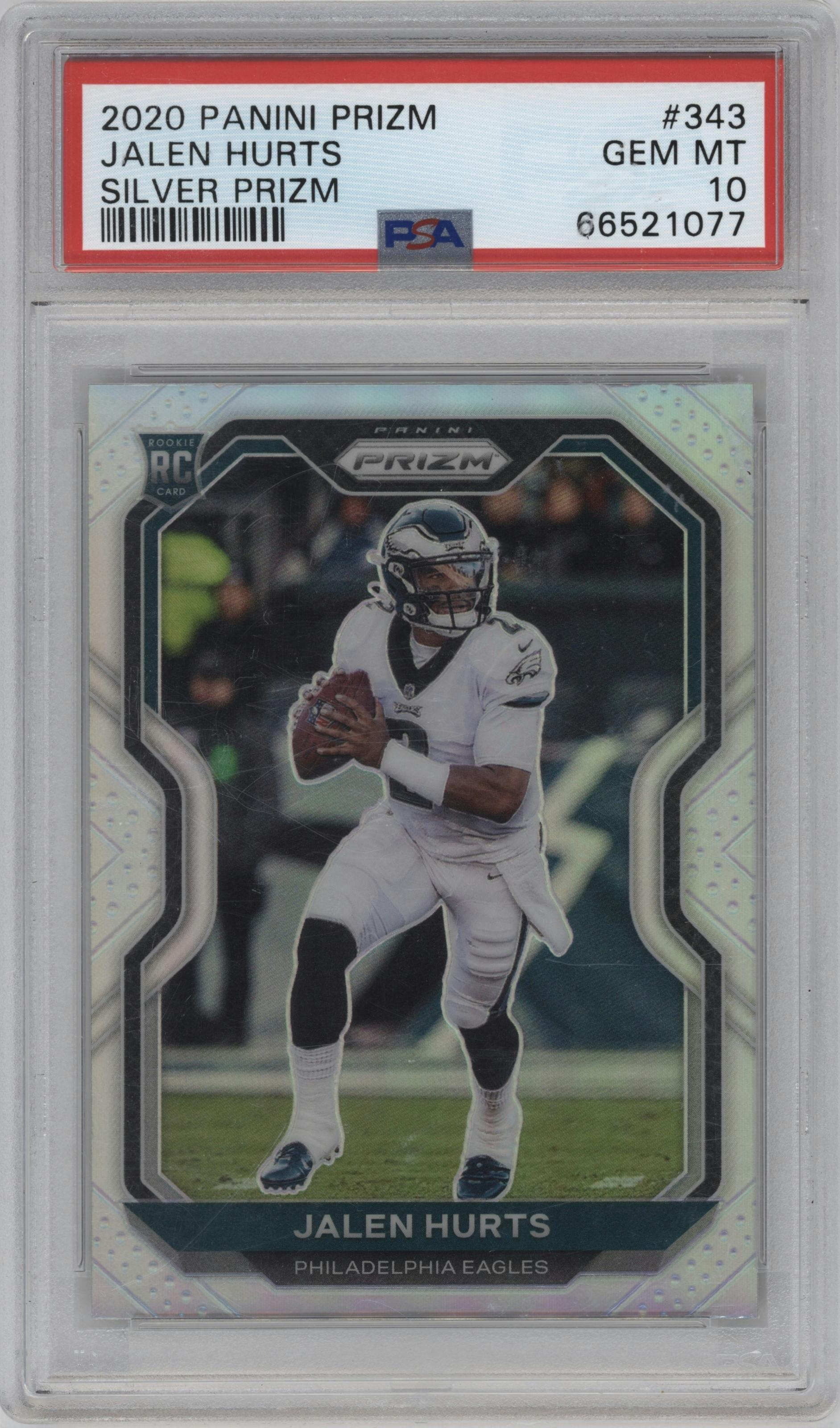 Jalen Hurts from the 2020 Panini Prizm set featuring a Silver Prizm parallel graded by PSA and given an overall grade of 10.