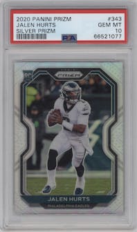 Jalen Hurts from the 2020 Panini Prizm set featuring a Silver Prizm parallel graded by PSA and given an overall grade of 10.