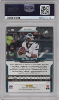 Jalen Hurts from the 2020 Panini Prizm set featuring a Silver Prizm parallel graded by PSA and given an overall grade of 10.