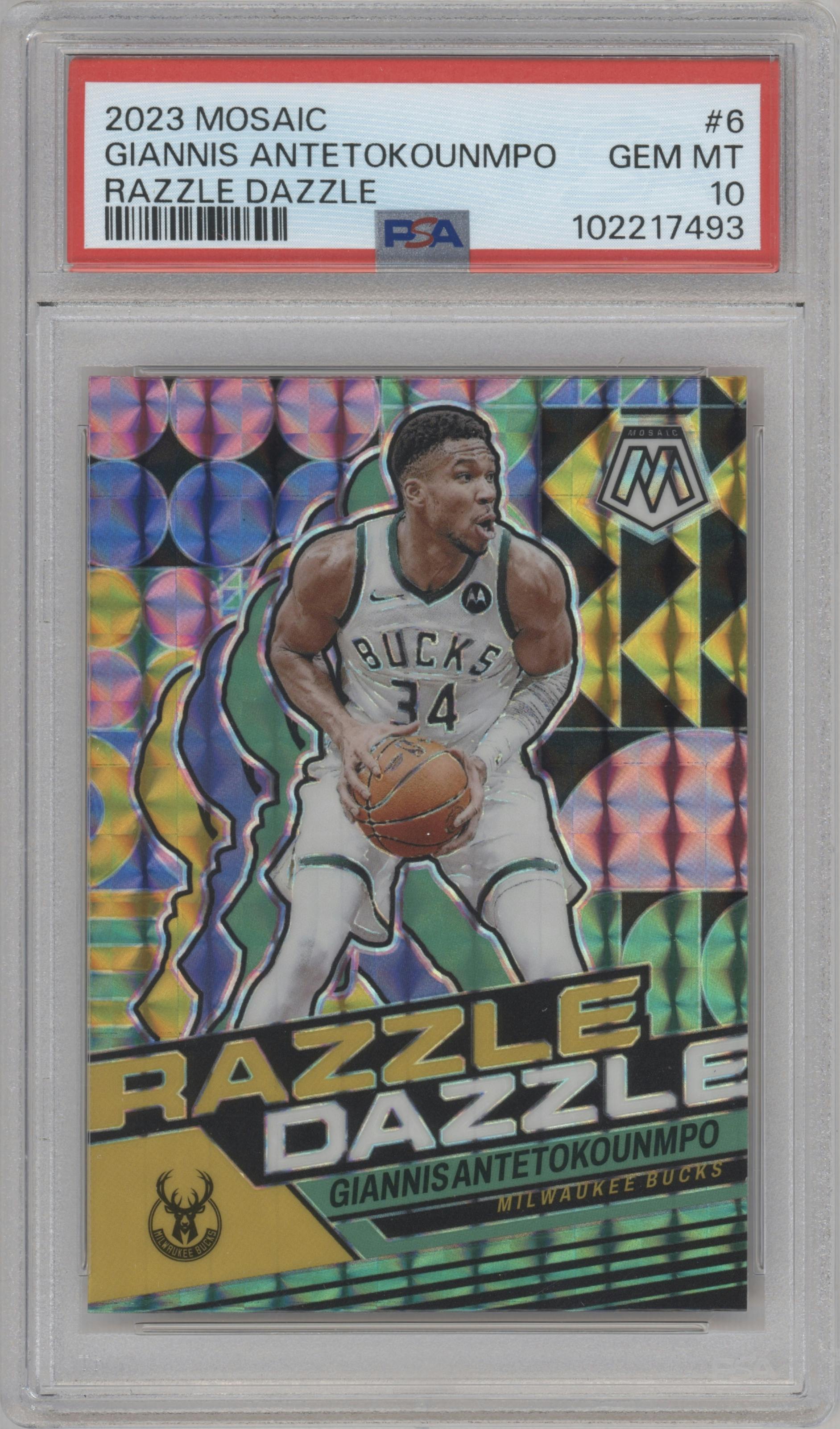 Giannis Antetokounmpo from the 2023-24 Panini Mosaic set graded by PSA and given an overall grade of 10.