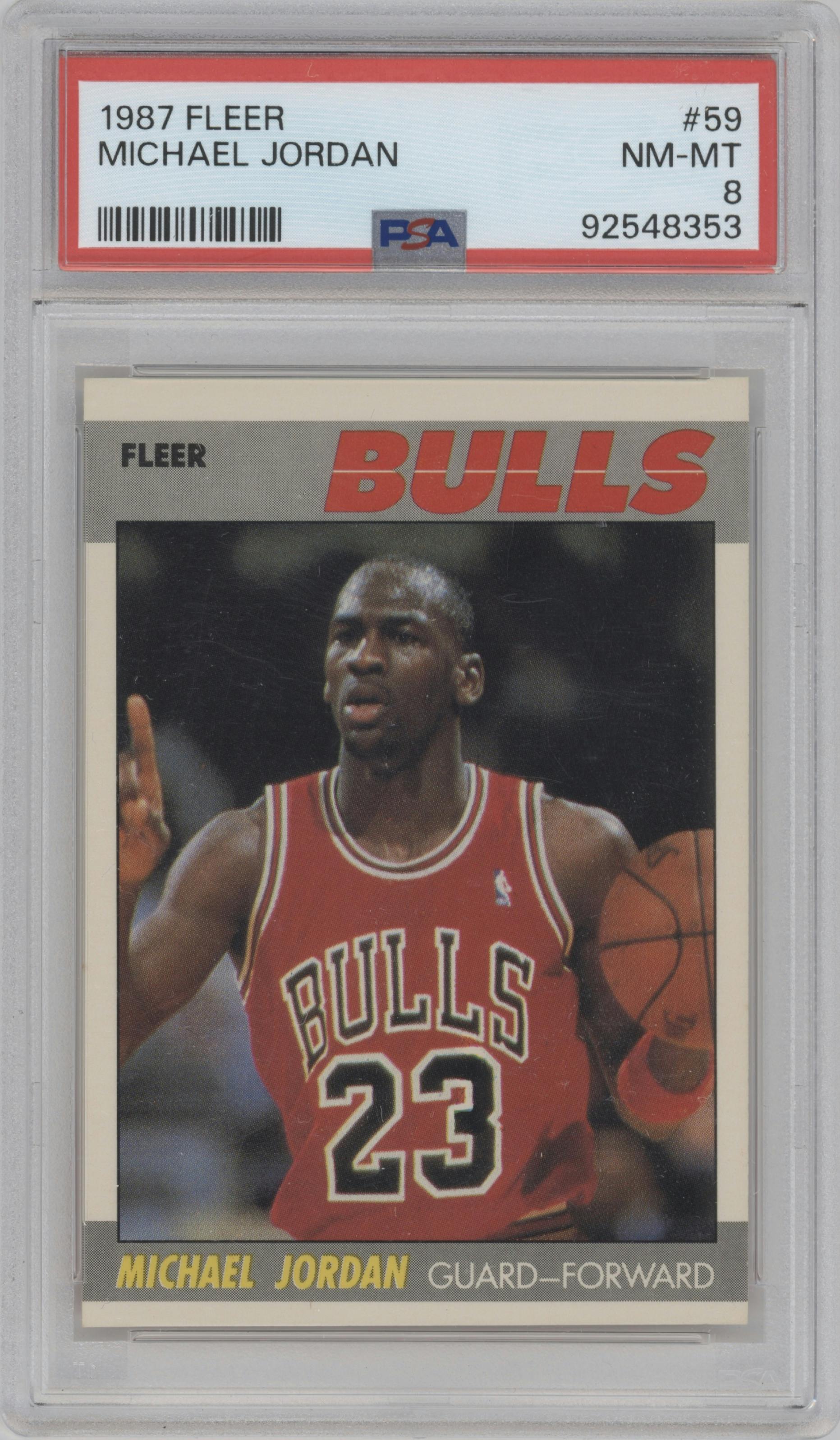 Michael Jordan from the 1987-88 Fleer set graded by PSA and given an overall grade of 8.