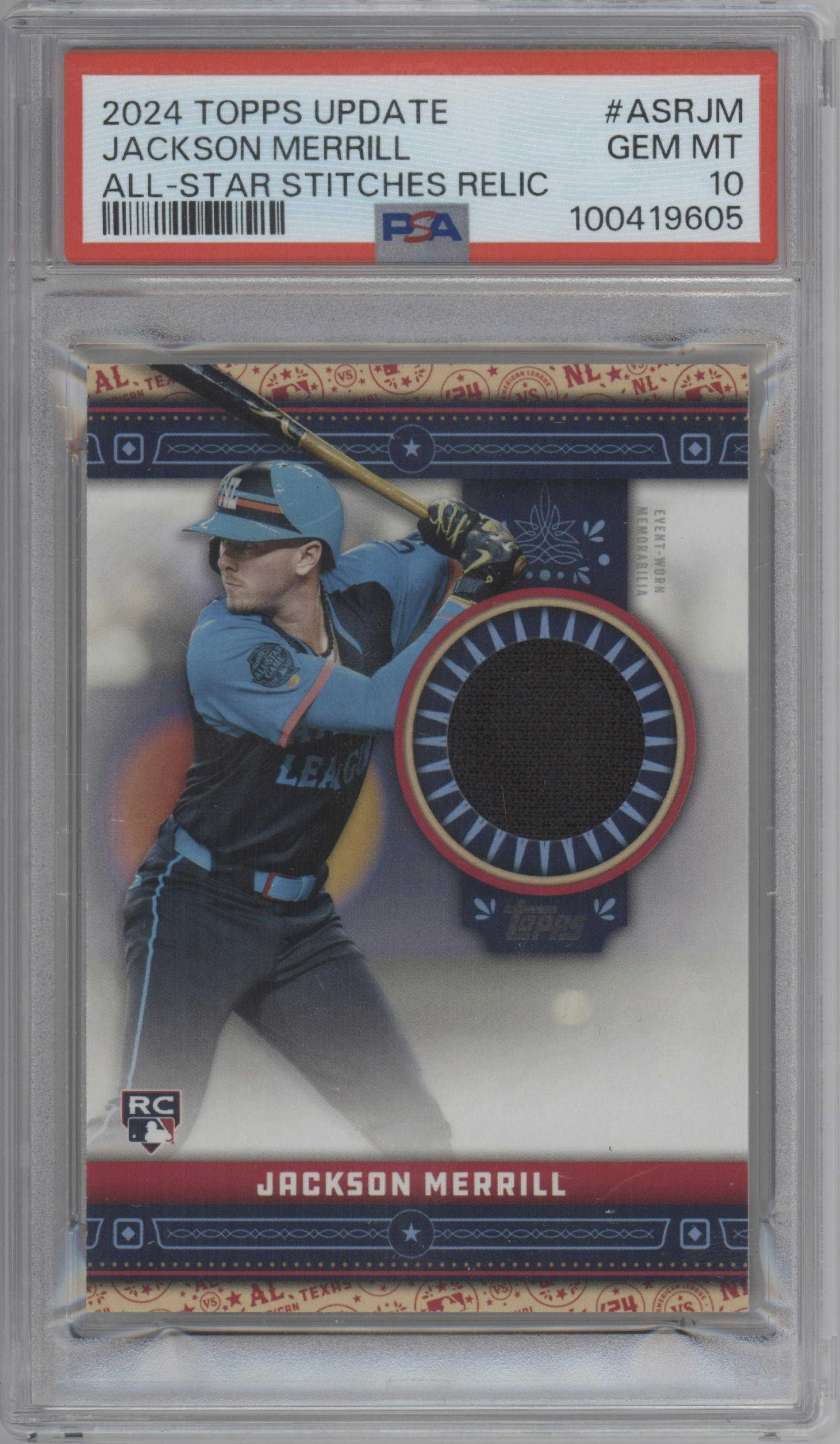 Jackson Merrill from the 2024 Topps Update set graded by PSA and given an overall grade of 10.