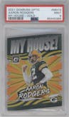 Aaron Rodgers from the 2021 Panini Donruss Optic set featuring a Gold parallel graded by PSA and given an overall grade of 9.