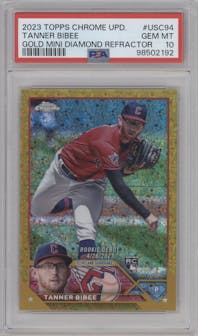 Tanner Bibee  from the 2023 Topps Chrome Update set featuring a Gold Mini Diamond Refractor parallel graded by PSA and given an overall grade of 10.