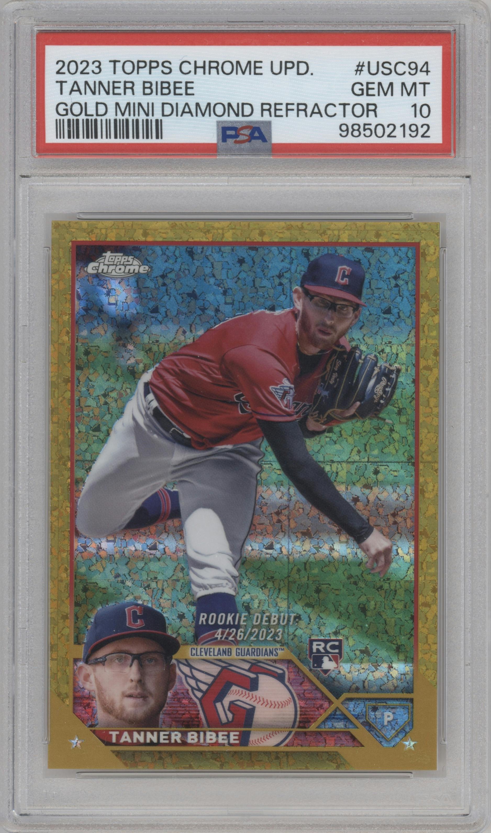 Tanner Bibee  from the 2023 Topps Chrome Update set featuring a Gold Mini Diamond Refractor parallel graded by PSA and given an overall grade of 10.