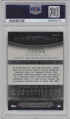 Aaron Judge from the 2013 Bowman Sterling set graded by PSA and given an overall grade of 9.